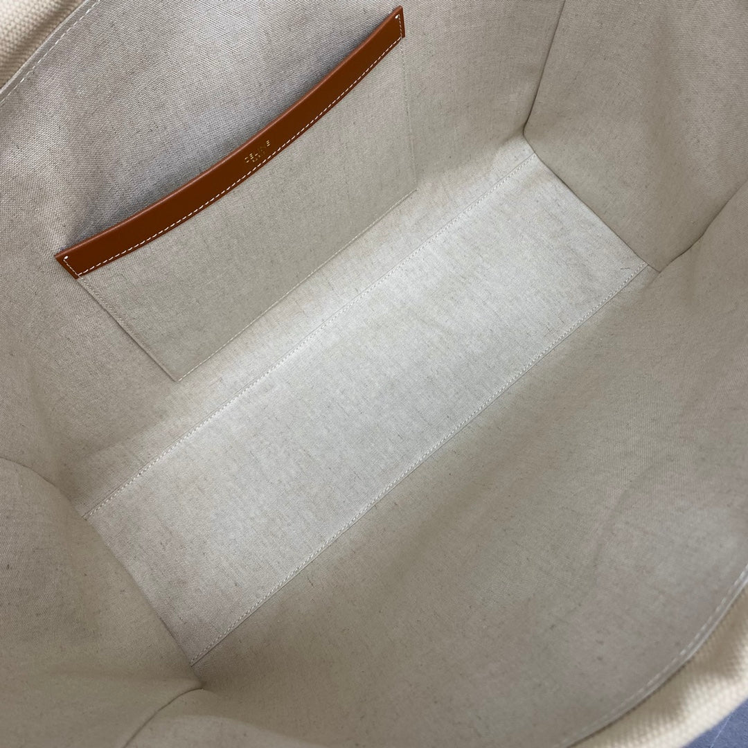 C*line Drawstring Cabas Bag Beige Brown Calfskin Textile