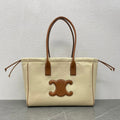 C*line Drawstring Cabas Bag Beige Brown Calfskin Textile