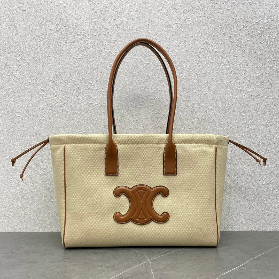 C*line Drawstring Cabas Bag Beige Brown Calfskin Textile