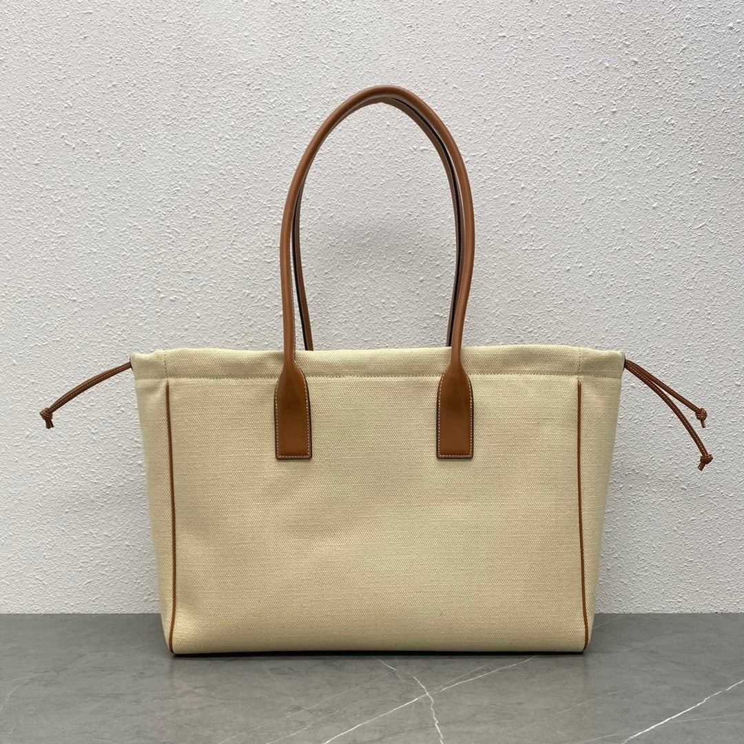 C*line Drawstring Cabas Bag Beige Brown Calfskin Textile