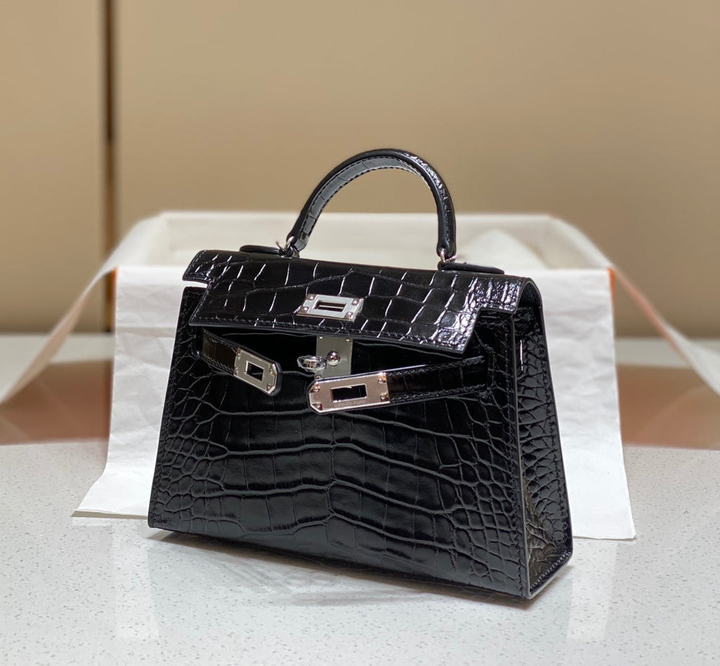 H*M 25s Mini Kelly 19 Cm Black Embossed Crocodile Silver Hardware