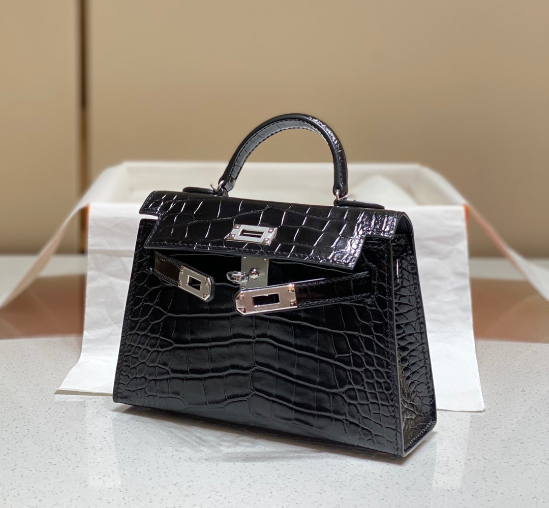 H*M 25s Mini Kelly 19 Cm Black Embossed Crocodile Silver Hardware