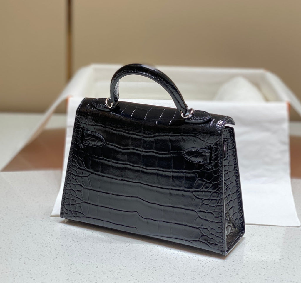 H*M 25s Mini Kelly 19 Cm Black Embossed Crocodile Silver Hardware
