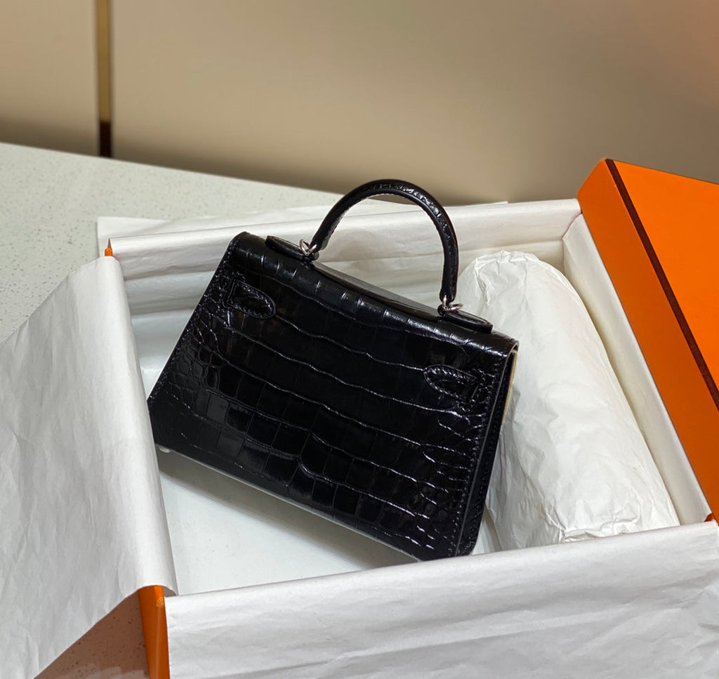 H*M 25s Mini Kelly 19 Cm Black Embossed Crocodile Silver Hardware