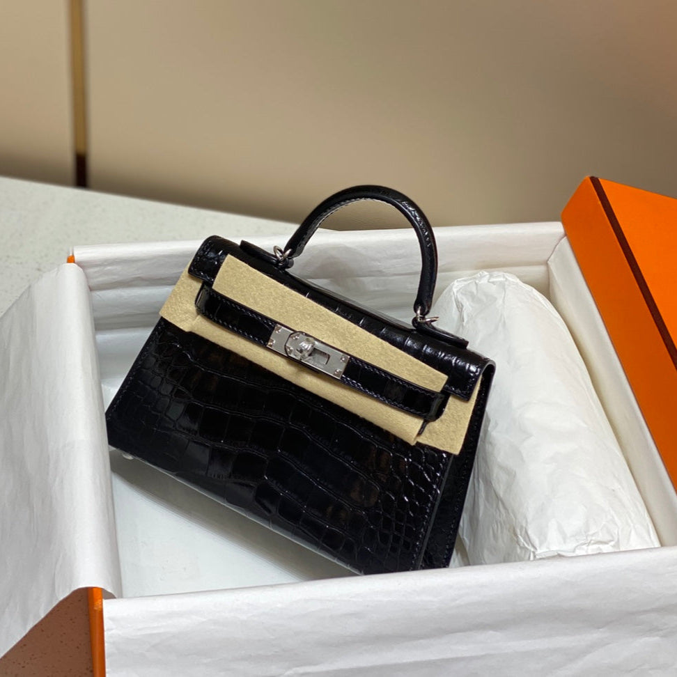 H*M 25s Mini Kelly 19 Cm Black Embossed Crocodile Silver Hardware