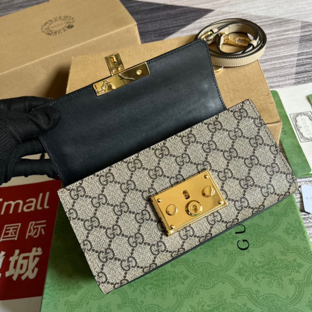 PADLOCK 22 SMALL G*G BAG IN BLACK CALFSKIN AND BEIGE CANVAS