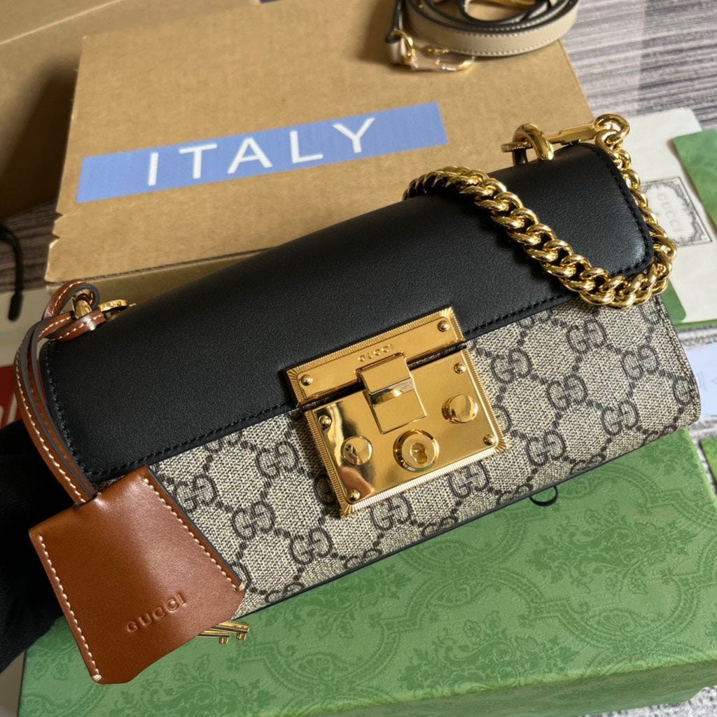 PADLOCK 22 SMALL G*G BAG IN BLACK CALFSKIN AND BEIGE CANVAS
