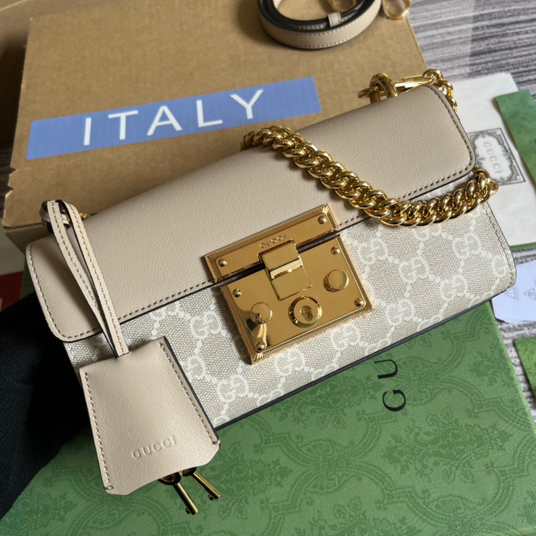 PADLOCK 22 SMALL G*G SHOULDER BAG IN BEIGE CALFSKIN AND CANVAS
