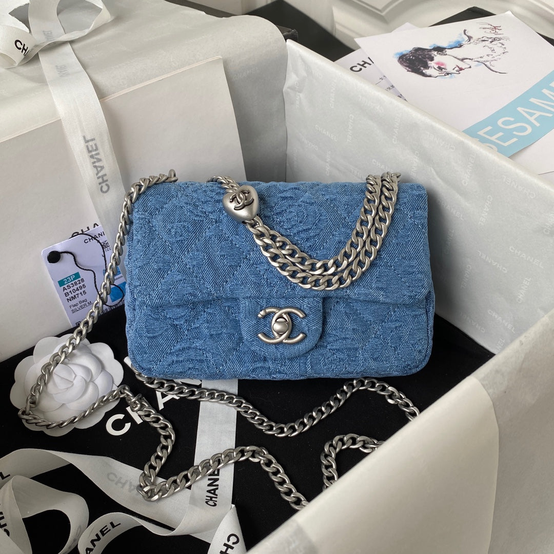 23P Flap Bag Denim Silver Hardware