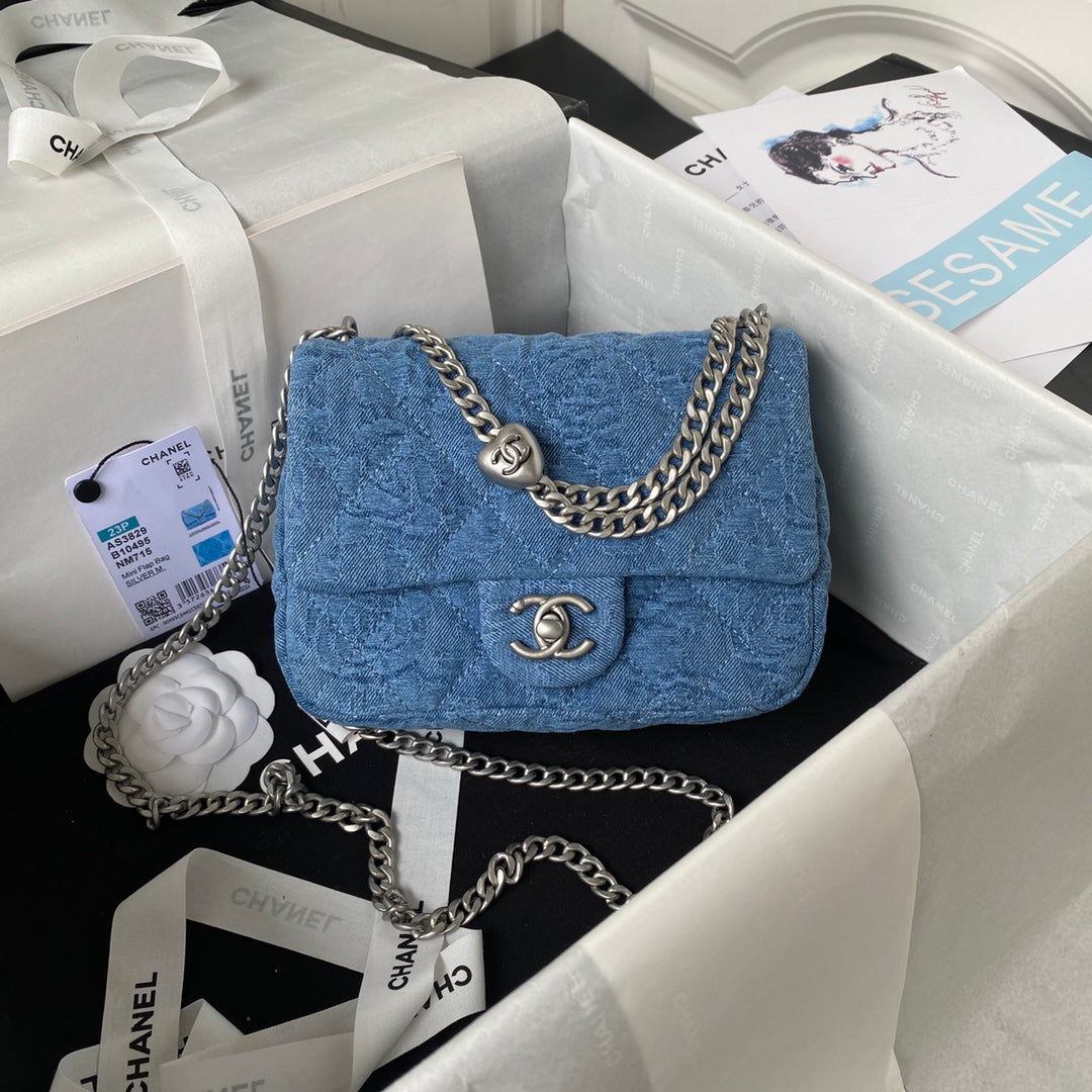 23P Flap Bag Denim Silver Hardware