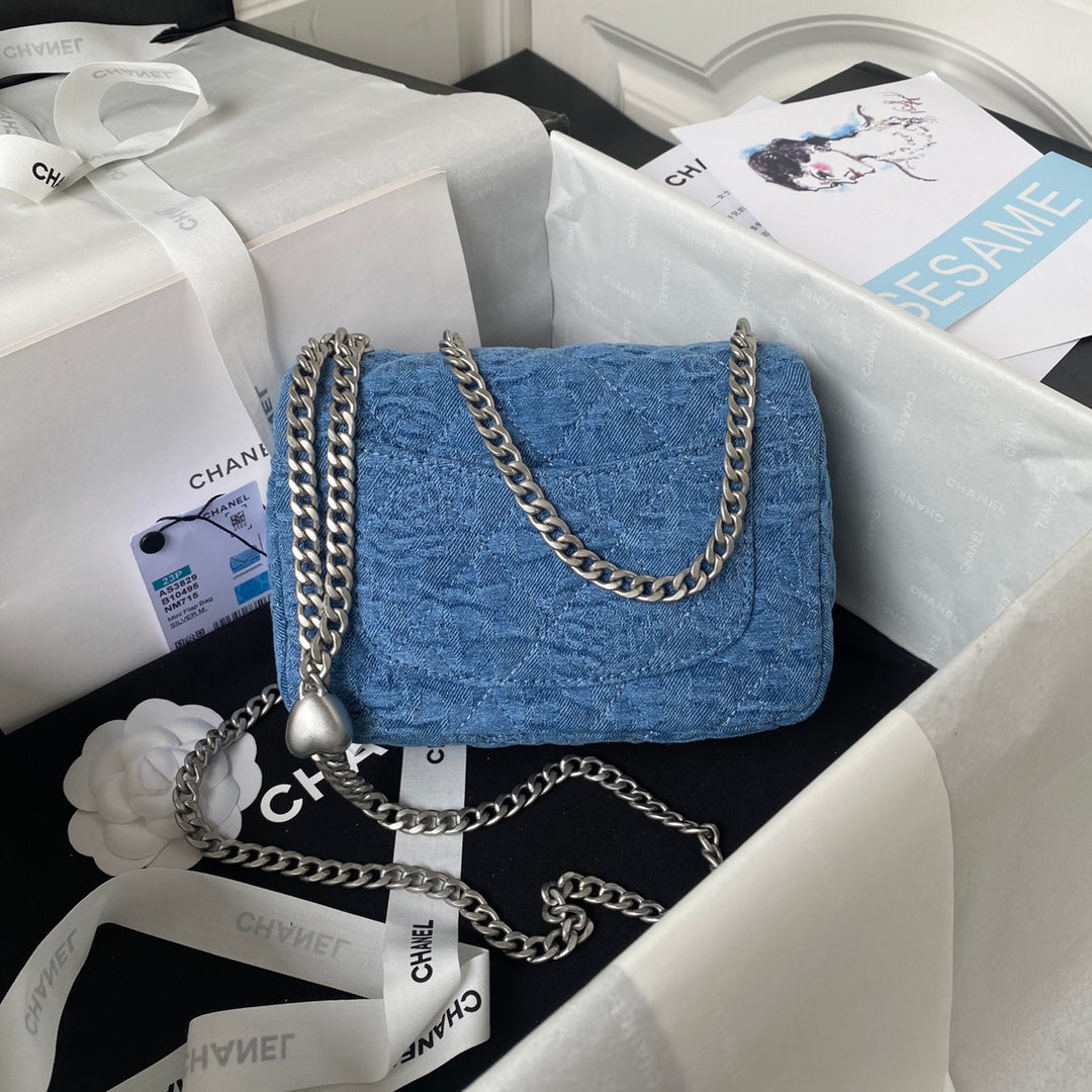 23P Flap Bag Denim Silver Hardware