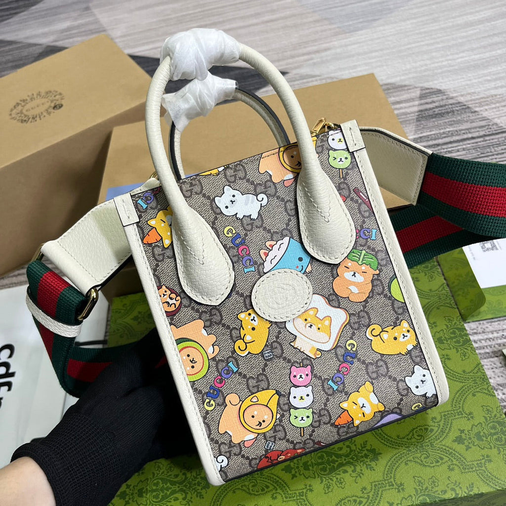 G*G MINI 20 ANIMAL PRINTED TOTE IN BEIGE CANVAS AND WHITE CALFSKIN