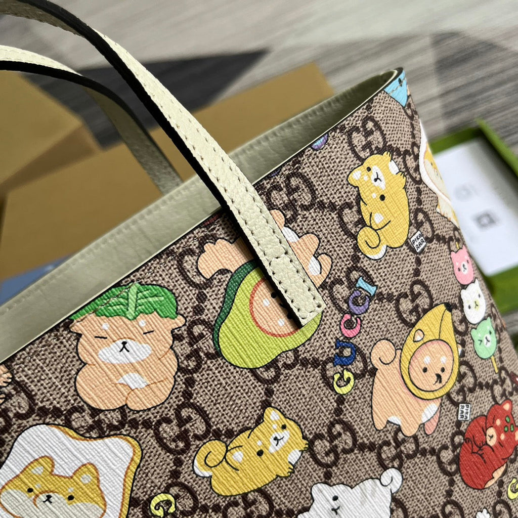 G*G SMALL 21 ANIMAL PRINTED TOTE IN BEIGE CANVAS