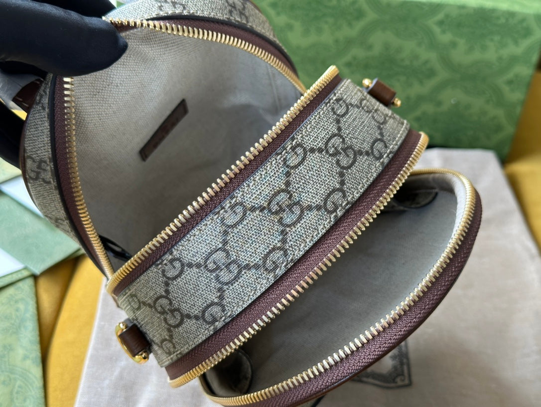 G*G MULTI-FUNCTION MINI 19 BACKPACK IN BEIGE AND BROWN CANVAS