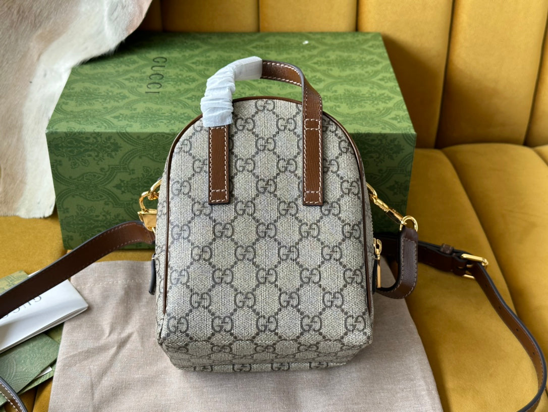 G*G MULTI-FUNCTION MINI 19 BACKPACK IN BEIGE AND BROWN CANVAS