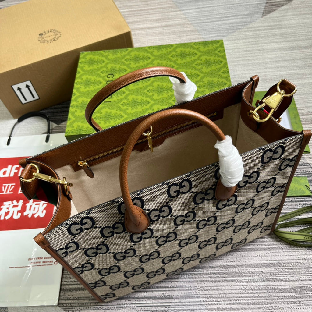 G*G LARGE 37 TOTE BAG IN GREY CANVAS AND BROWN CALFSKIN