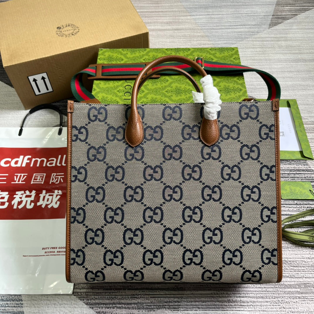 G*G LARGE 37 TOTE BAG IN GREY CANVAS AND BROWN CALFSKIN