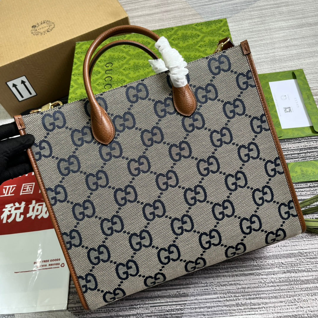 G*G LARGE 37 TOTE BAG IN GREY CANVAS AND BROWN CALFSKIN