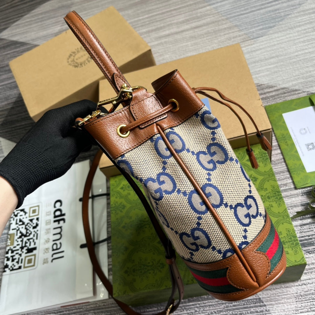 G*G OPHIDIA SMALL 26 BUCKET BAG IN BEIGE CANVAS AND BROWN CALFSKIN
