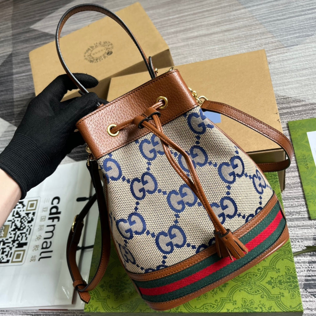 G*G OPHIDIA SMALL 26 BUCKET BAG IN BEIGE CANVAS AND BROWN CALFSKIN