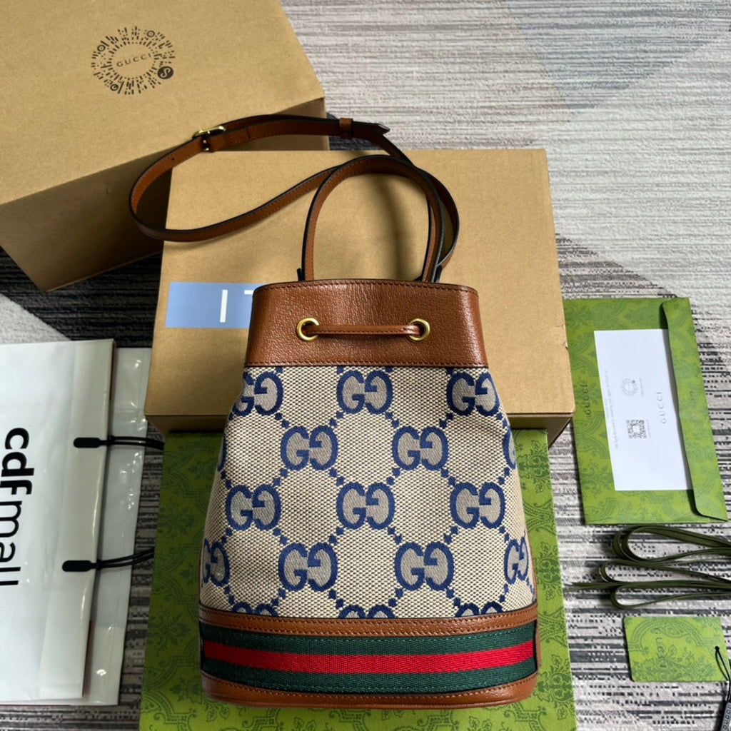 G*G OPHIDIA SMALL 26 BUCKET BAG IN BEIGE CANVAS AND BROWN CALFSKIN