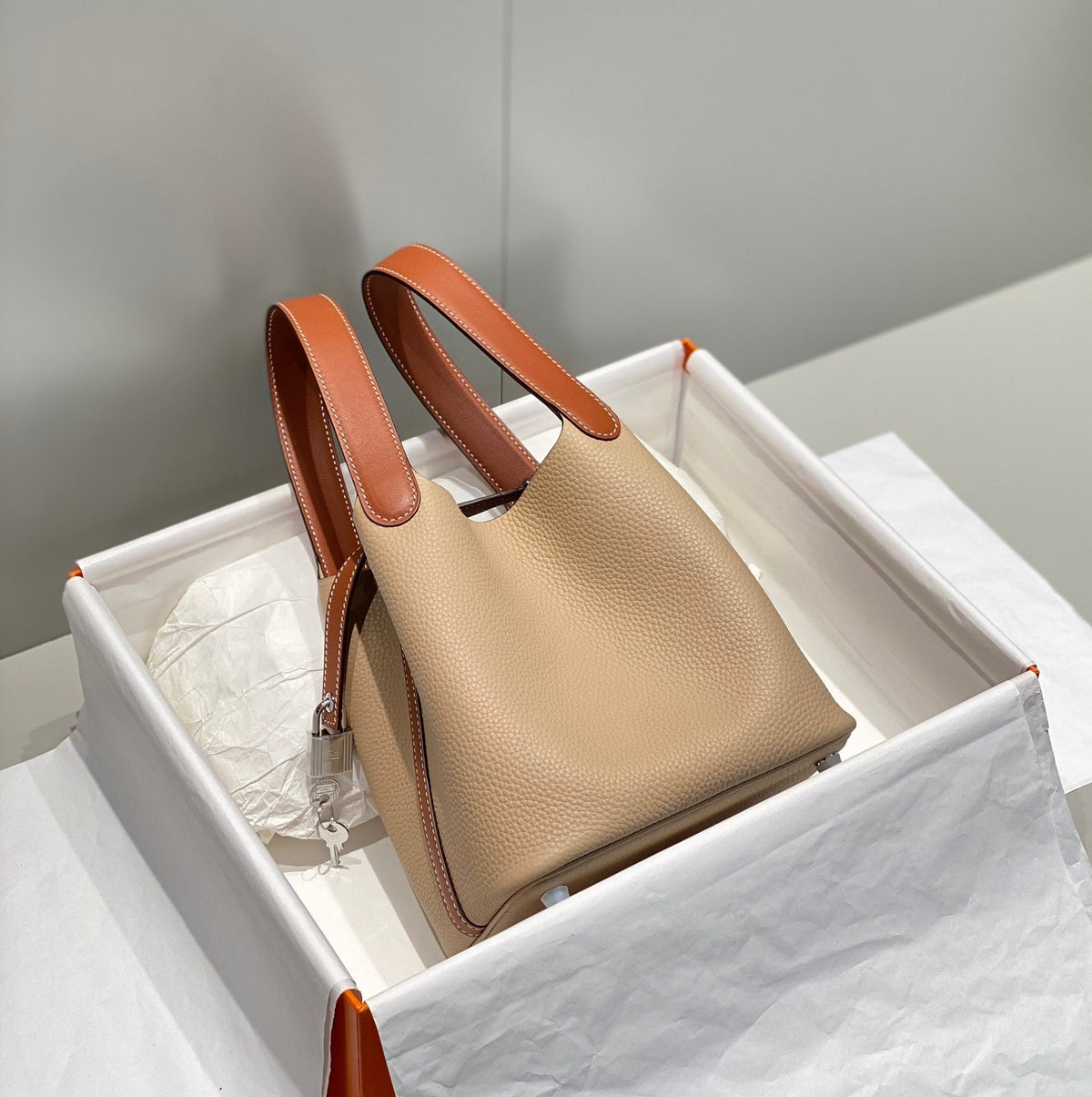 H*rmes Picotin Lock 18 Beige mix Brown Togo Leather