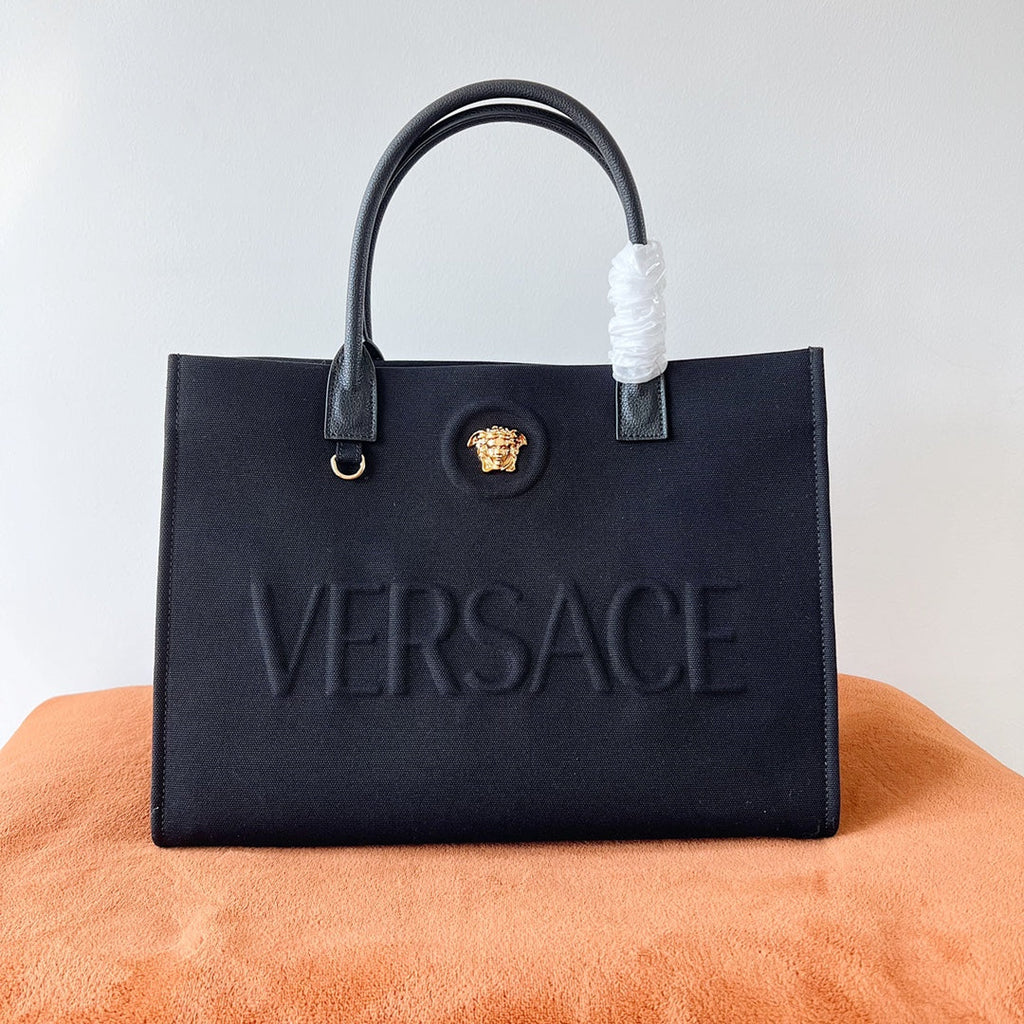 V*rsace Denim Canvas Tote Bag Cowhide Handle