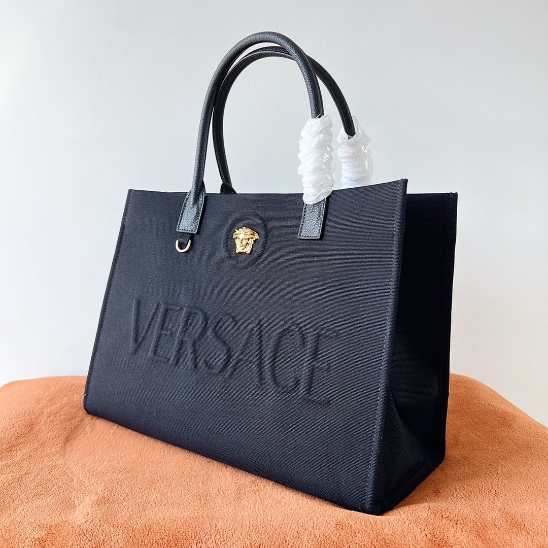 V*rsace Denim Canvas Tote Bag Cowhide Handle