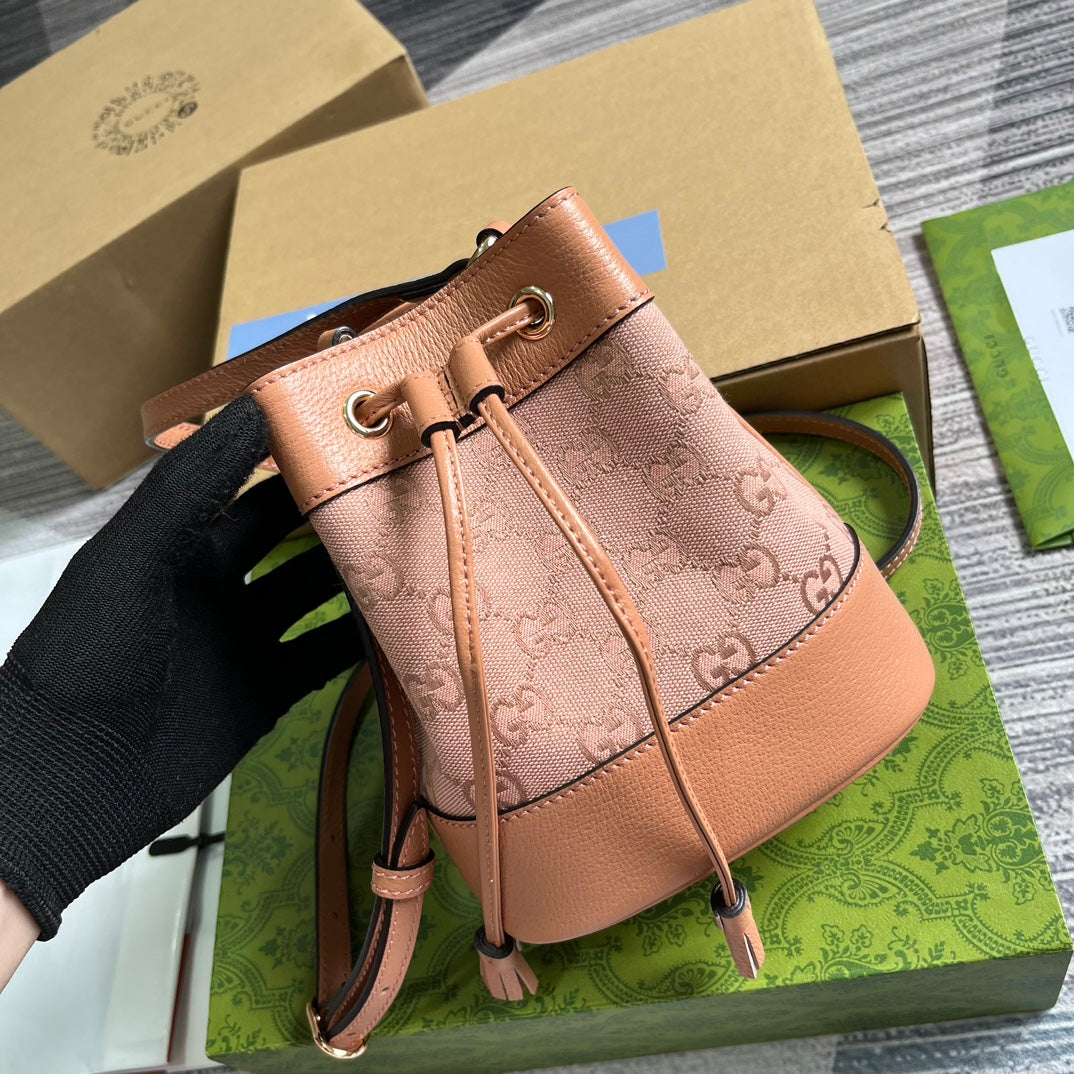 G*G OPHIDIA MINI 19 BUCKET LIGHT PINK CANVAS AND CALFSKIN