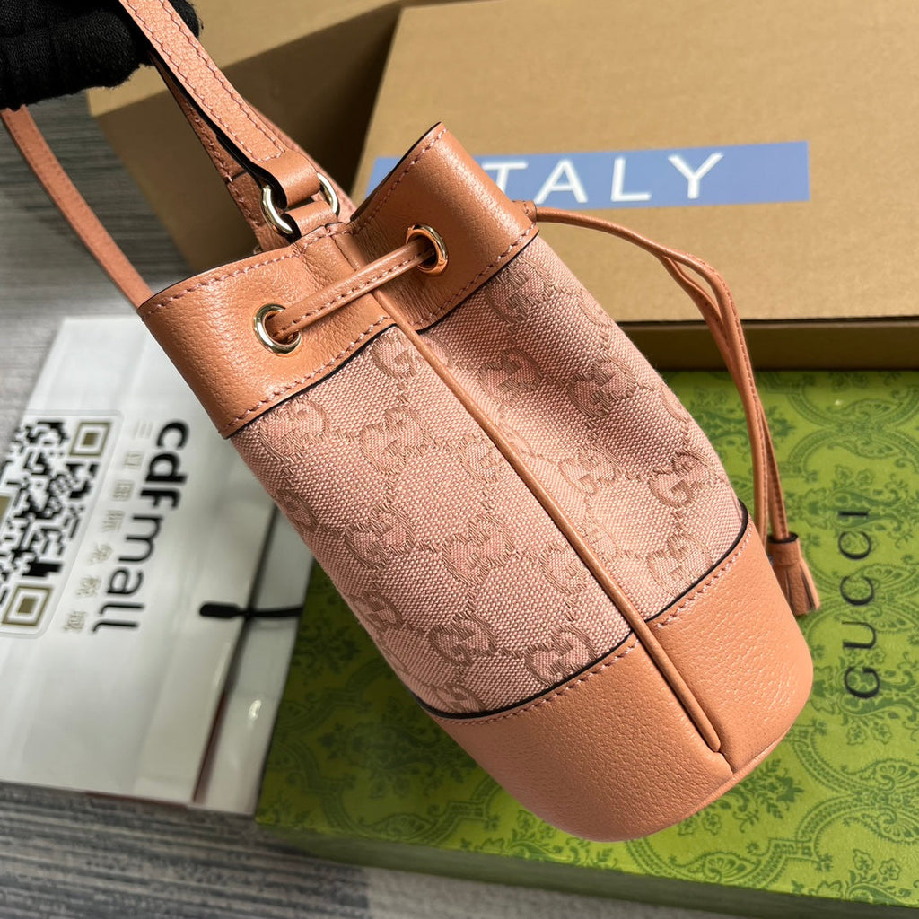 G*G OPHIDIA MINI 19 BUCKET LIGHT PINK CANVAS AND CALFSKIN