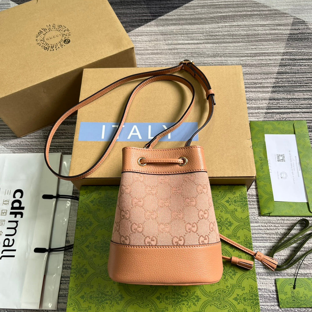 G*G OPHIDIA MINI 19 BUCKET LIGHT PINK CANVAS AND CALFSKIN