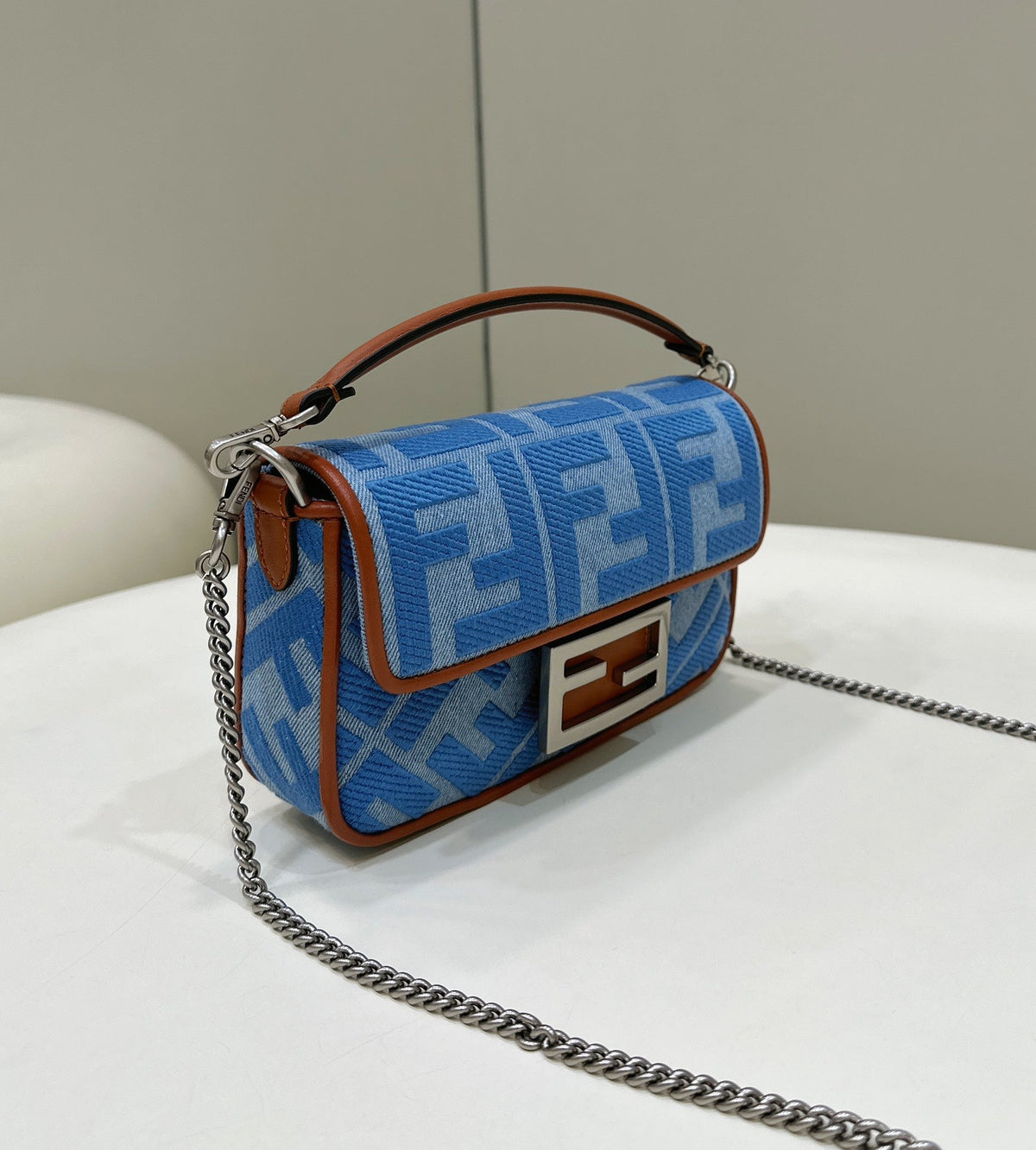 F*ndi 19 BAGUETTE BAG IN LIGHT BLUE CANVAS WITH SILVER HARDWARE