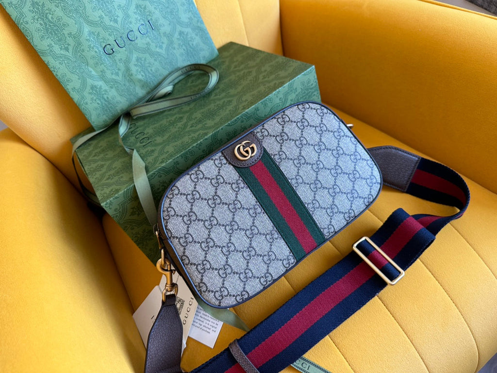 G*G OPHIDIA SMALL 24 IN BEIGE CANVAS AND BROWN CALFSKIN
