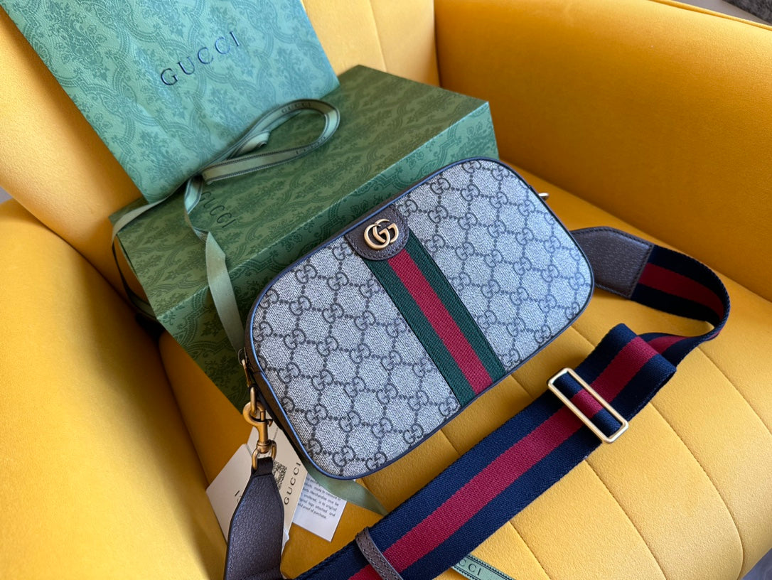 G*G OPHIDIA SMALL 24 IN BEIGE CANVAS AND BROWN CALFSKIN