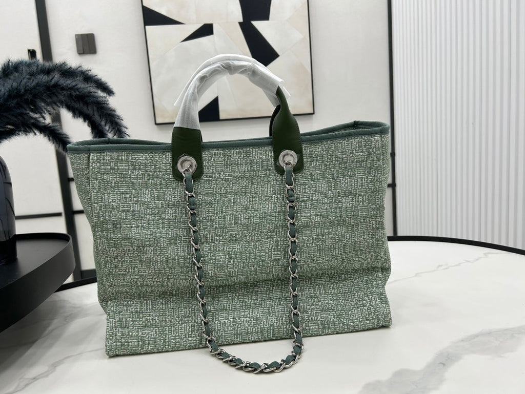C*C Deauville Tweed Bag Green Leather Silver Hardware 7