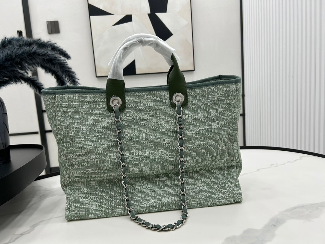 C*C Deauville Tweed Bag Green Leather Silver Hardware 7