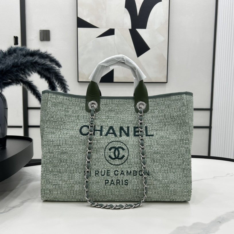 C*C Deauville Tweed Bag Green Leather Silver Hardware 7