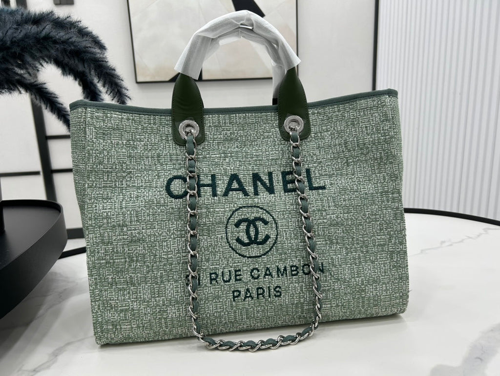 C*C Deauville Tweed Bag Green Leather Silver Hardware 7