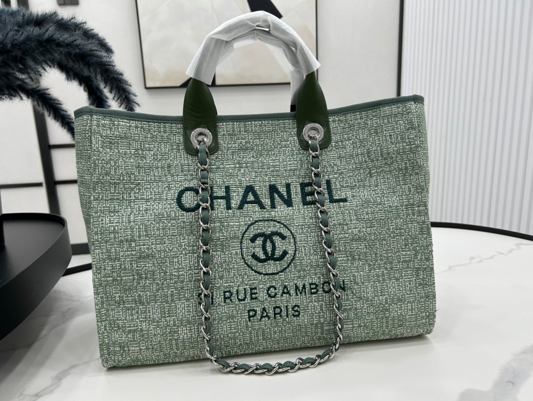C*C Deauville Tweed Bag Green Leather Silver Hardware 7