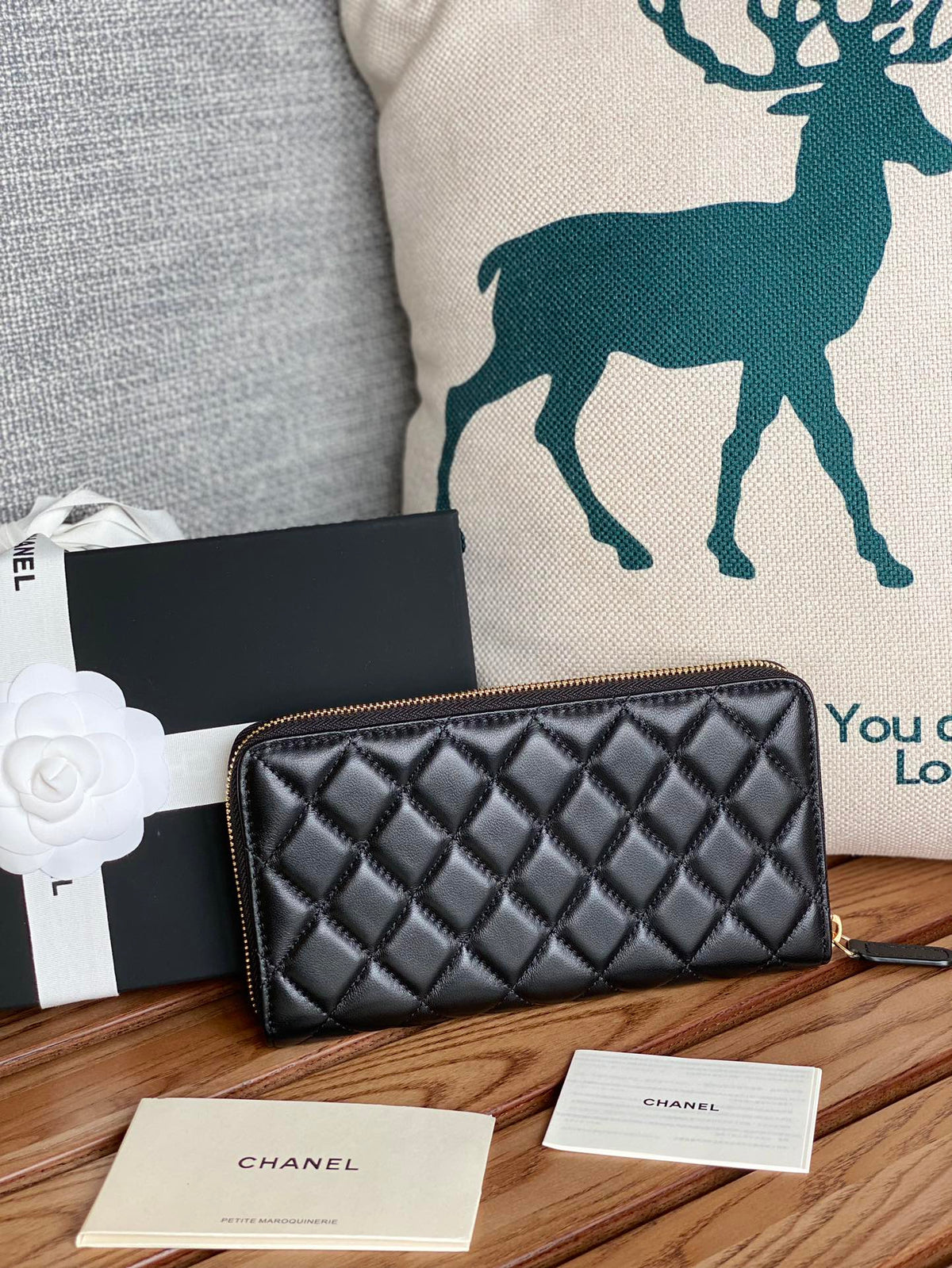 C*C Zippy Long Wallet 19.5cm Black Sheepskin GHW