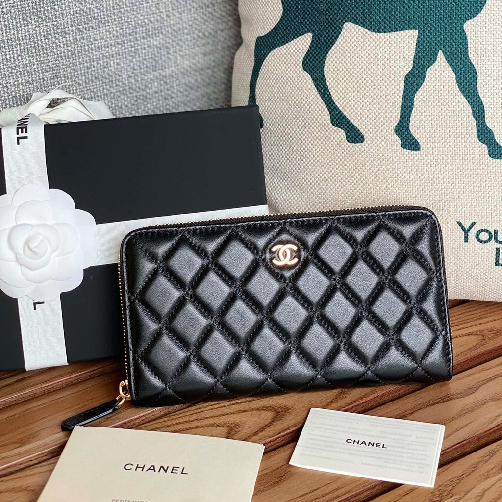 C*C Zippy Long Wallet 19.5cm Black Sheepskin GHW