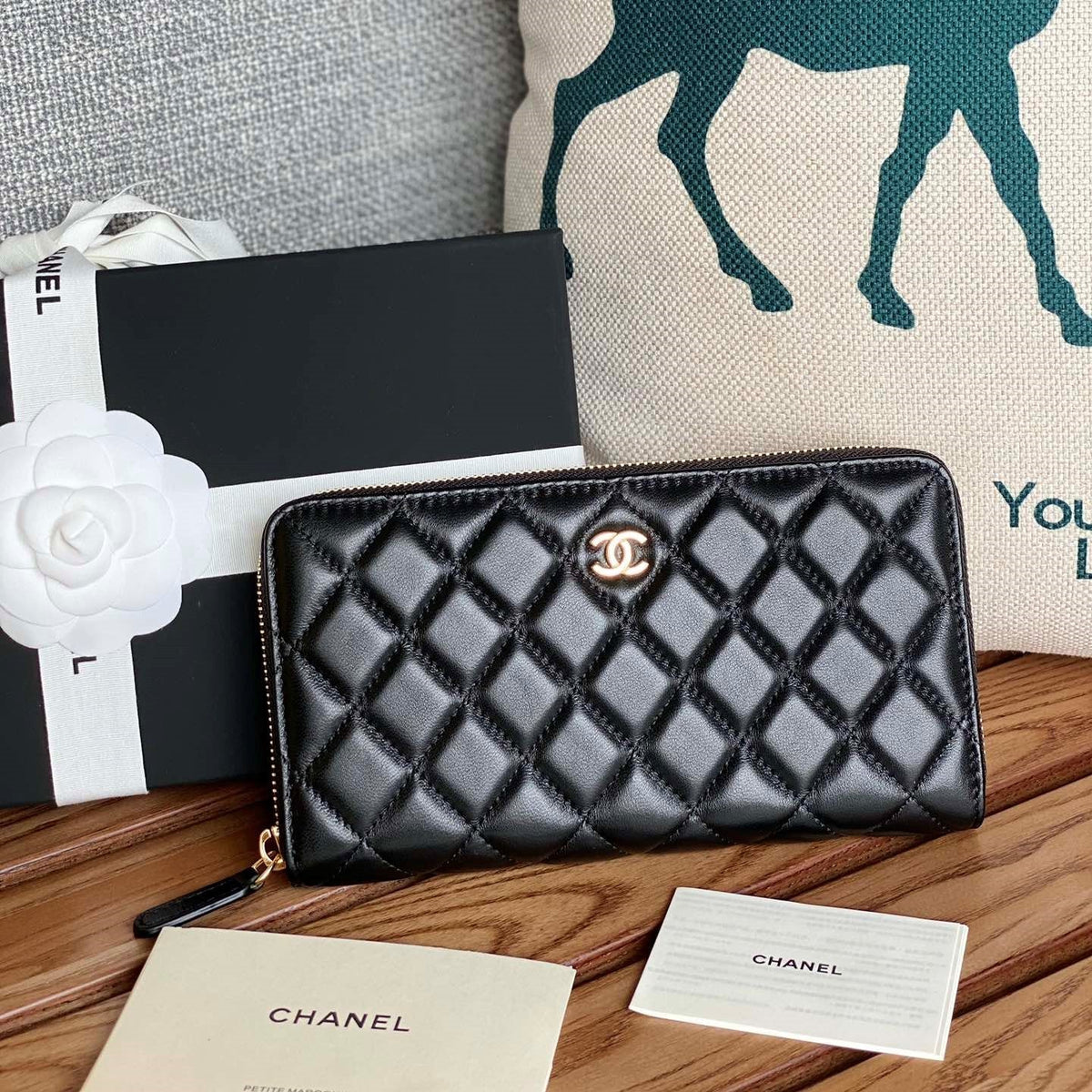 C*C Zippy Long Wallet 19.5cm Black Sheepskin GHW
