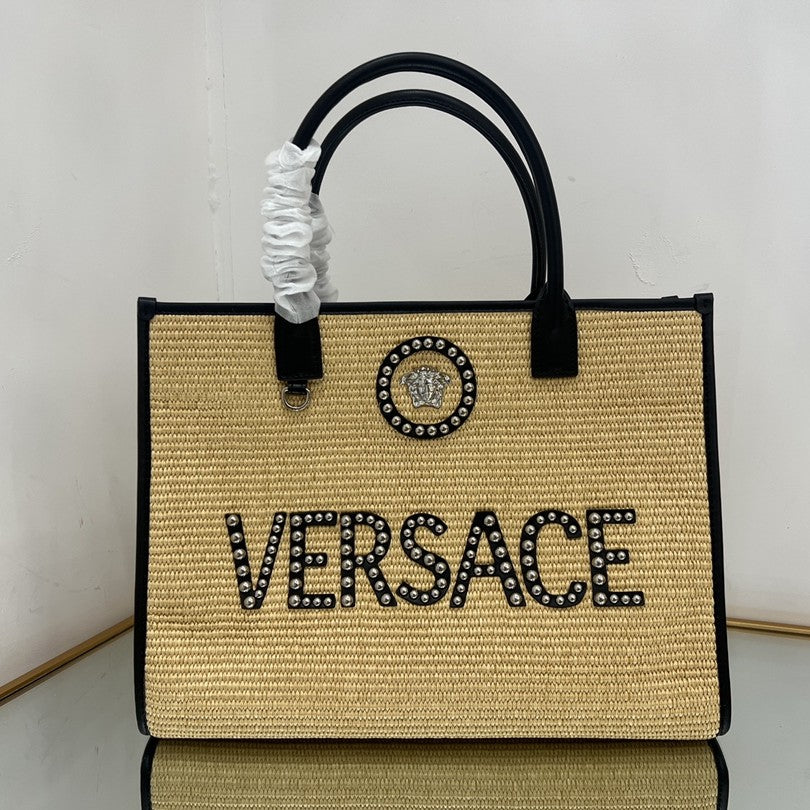V*rsace Beige Raffia Tote Bag 40 With Black Cowhide Handle