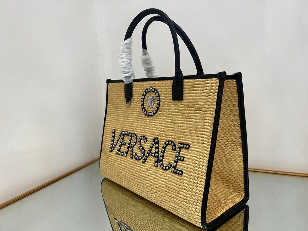 V*rsace Beige Raffia Tote Bag 40 With Black Cowhide Handle