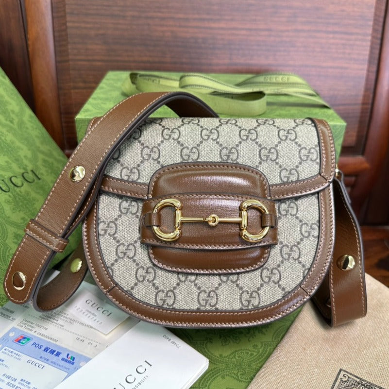 G*G 18 HORSEBIT 1955 MINI BAG BEIGE CANVAS AND EBONY CALFSKIN