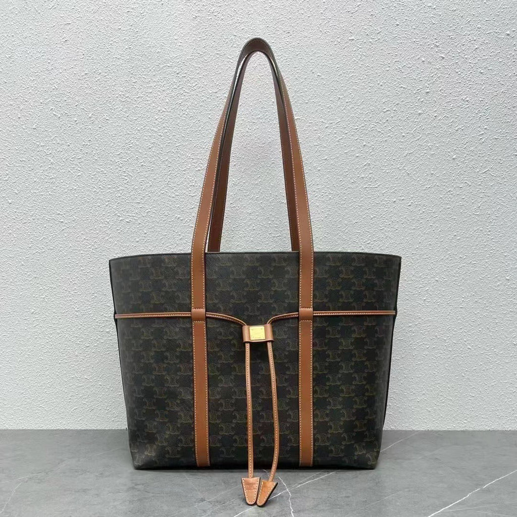 C*line Cabas Drawstring Bag Triomphe Black Brown Canvas & Calfskin