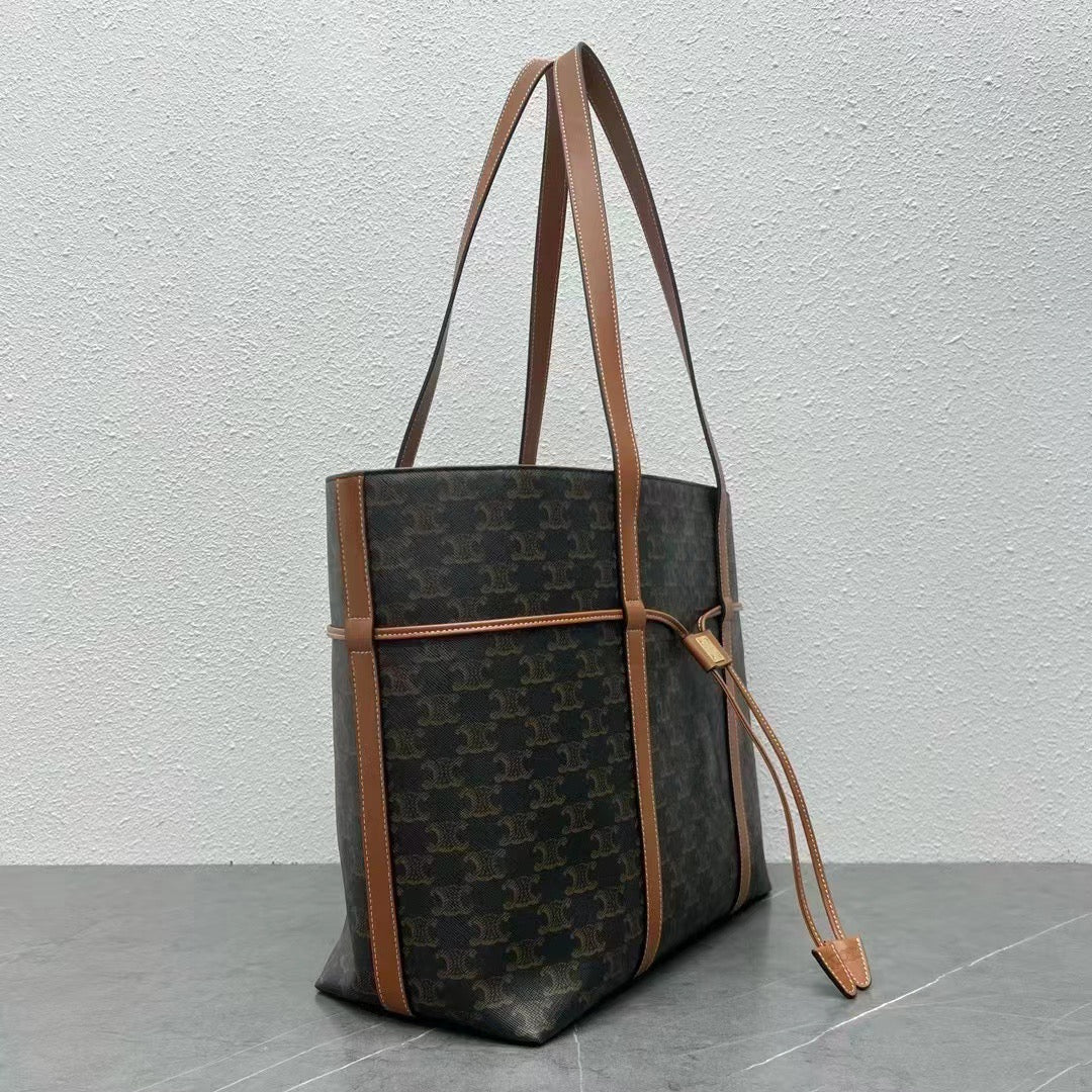 C*line Cabas Drawstring Bag Triomphe Black Brown Canvas & Calfskin