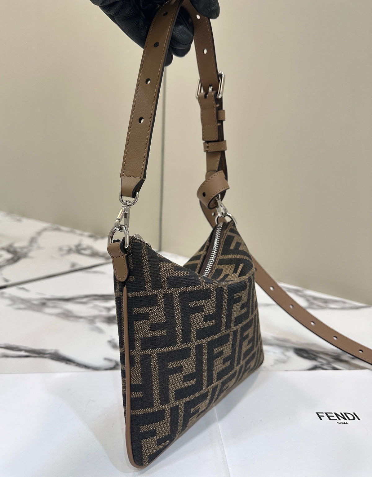 SHOULDER BAG 19 WITH F*F MOTIF IN BROWN JACQUARD FABRIC
