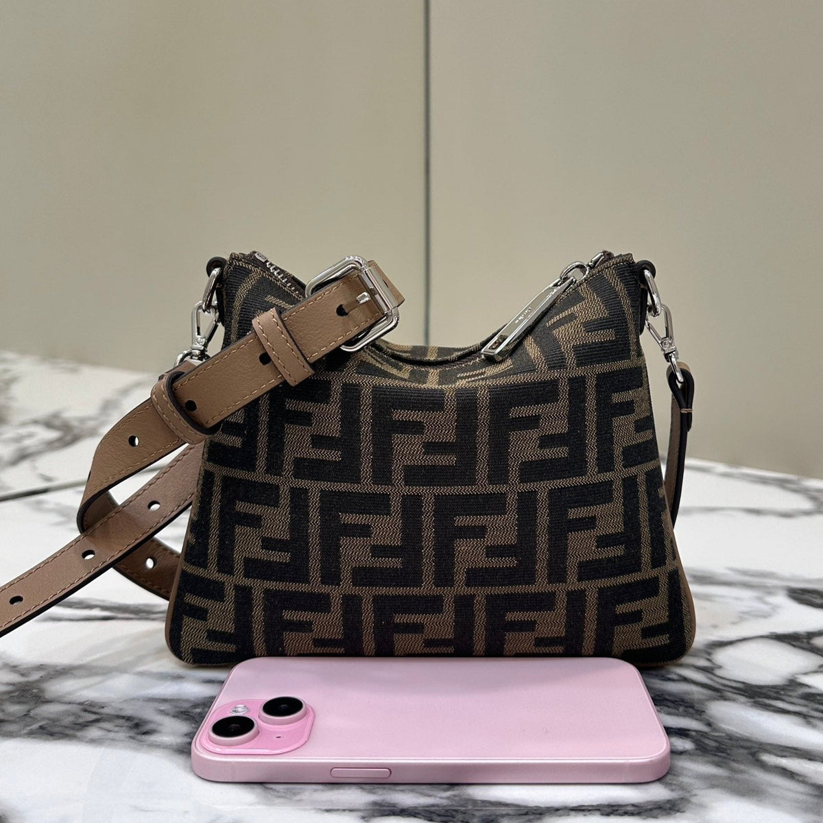 SHOULDER BAG 19 WITH F*F MOTIF IN BROWN JACQUARD FABRIC