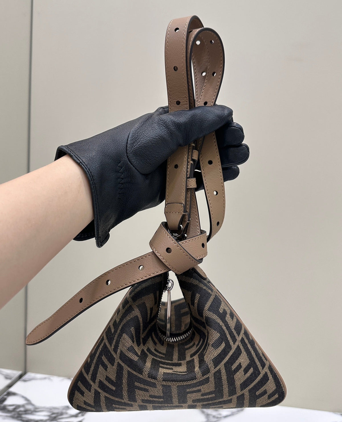 SHOULDER BAG 19 WITH F*F MOTIF IN BROWN JACQUARD FABRIC